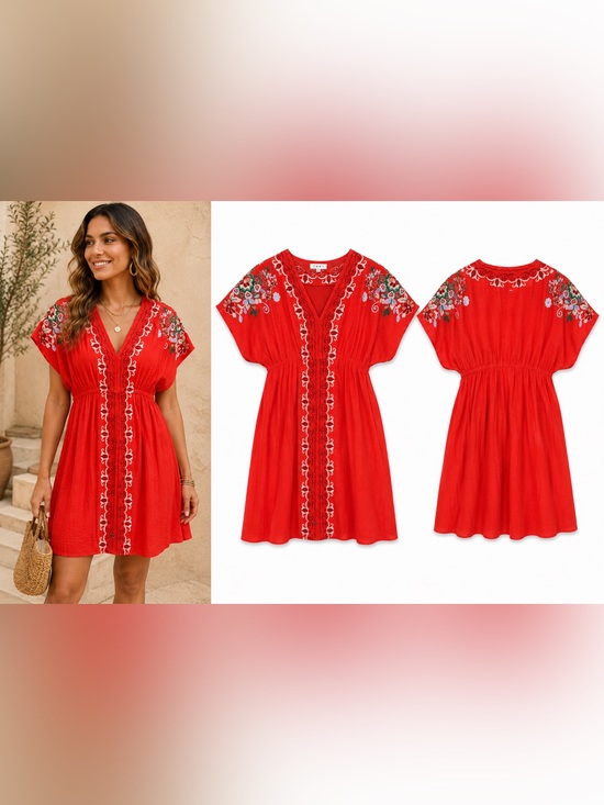 THML Dresses & Skirts - THML Embroidered Boho Peasant Mini Dress Red Floral V-Neck Size S